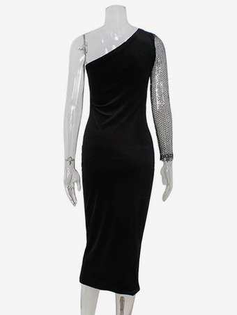 ワンショルダーのブラックシアーボディコンドレス、セクシーなミディクラブドレス、女性用 2026