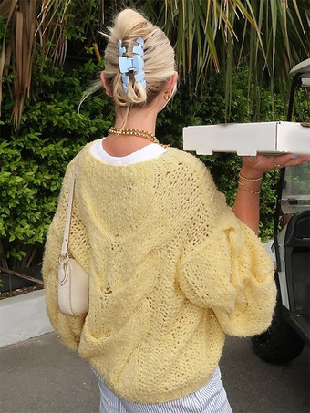 ホールニットセーター パフスリーブ クルーネック カジュアル 春 トップス レディース 2025