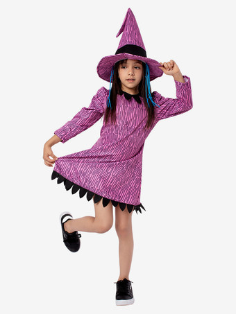 ハロウィン 子供用怖い魔女コスチューム 紫のハロウィンカーニバルドレスと帽子セット