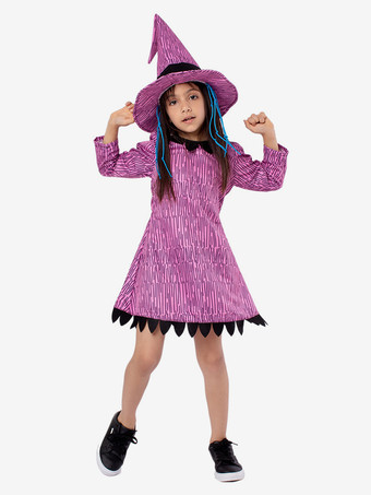ハロウィン 子供用怖い魔女コスチューム 紫のハロウィンカーニバルドレスと帽子セット
