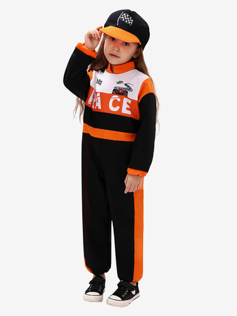 ブラック 子供用レーサーコスチューム ブラック ハロウィン カービィル ジャンプスーツと帽子セット