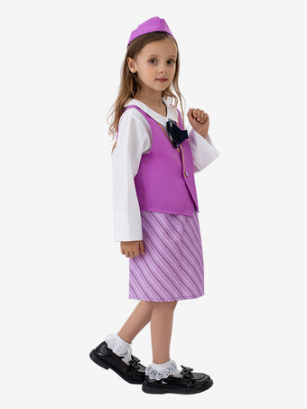 子供用スチュワーデス ハロウィン カーニバル コスチューム パープル ロールプレイ コスチューム セット