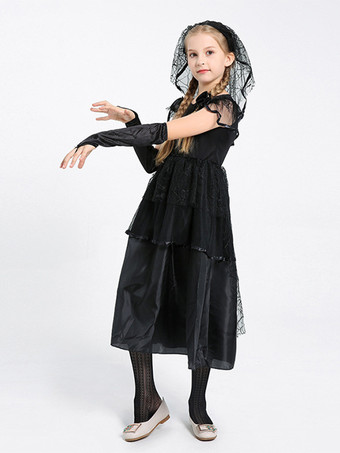 ハロウィン 黒ゴシック怖い花嫁子供用コスチュームドレス