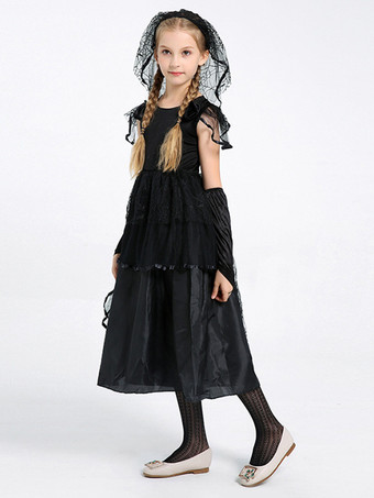ハロウィン 黒ゴシック怖い花嫁子供用コスチュームドレス