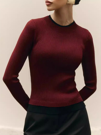 ワインレッド コントラストのあるエッジの長袖リブニットセーター 春のカジュアルベーシックトップス レディース 2025