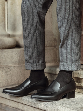 ブラック メンズ スリッポン ローファー モダン ポインテッドトゥ 牛革 ドレスシューズ