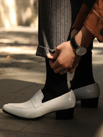 ホワイト メンズ スリッポン ローファー モダン ポインテッドトゥ 牛革 ドレスシューズ