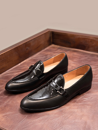 ブラック メンズ モンクローファー ブラックシューズ フロントバックル ポインテッドトゥ 牛革ローファーシューズ