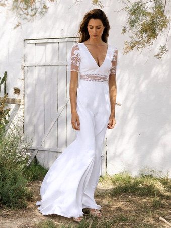 ホワイトシンプルなウェディングドレス ボールガウン Vネック 半袖 カットアウト 20cm ブライダルガウン