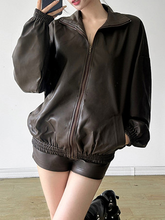 Brown Faux Leather Two Piece Co-ord Set Oversized Jacket And Shorts Spring Outfit For Women 2025