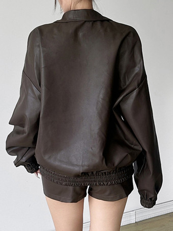 Brown Faux Leather Two Piece Co-ord Set Oversized Jacket And Shorts Spring Outfit For Women 2025