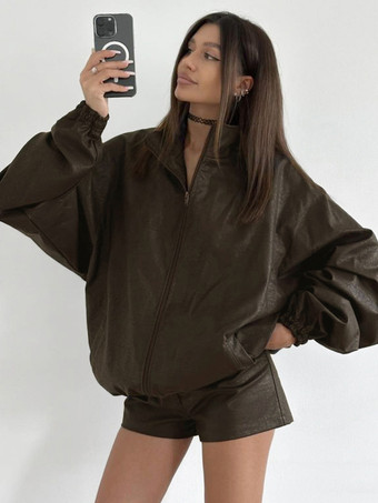 Deep BrownBrown Faux Leather Two Piece Co-ord Set Oversized Jacket And Shorts Spring Outfit For Women 2025