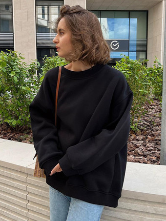 ブラック オーバーサイズ クルーネック スウェットシャツ 春 カジュアル トップス レディース 2025
