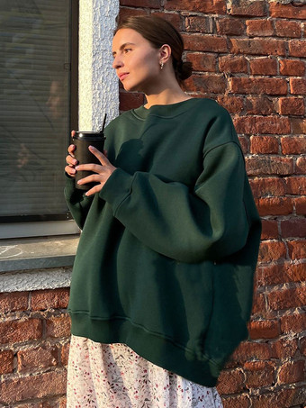 ダークグリーンオーバーサイズ クルーネック スウェットシャツ 春 カジュアル トップス レディース 2025