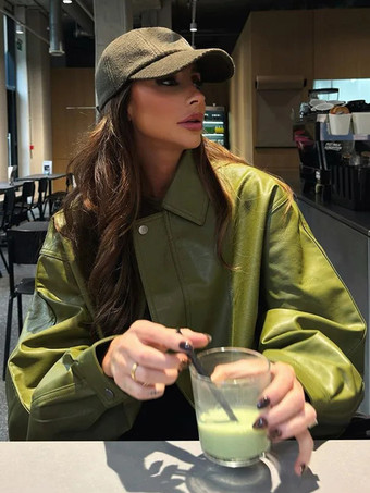 フェイクレザーボンバージャケット グリーン ターンダウンカラー 春アウター レディース 2025