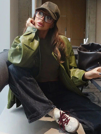 フェイクレザーボンバージャケット グリーン ターンダウンカラー 春アウター レディース 2025