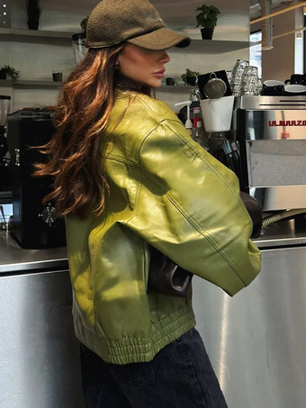 フェイクレザーボンバージャケット グリーン ターンダウンカラー 春アウター レディース 2025