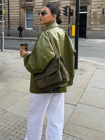 フェイクレザーボンバージャケット グリーン ターンダウンカラー 春アウター レディース 2025