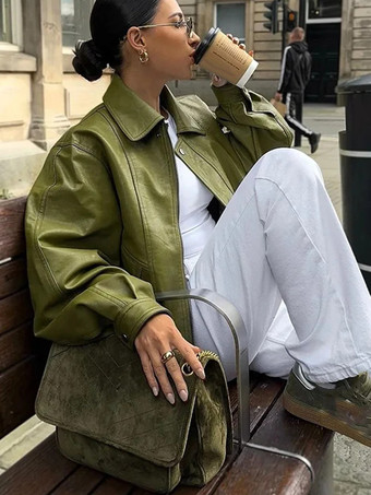 グリーン フェイクレザーボンバージャケット グリーン ターンダウンカラー 春アウター レディース 2025