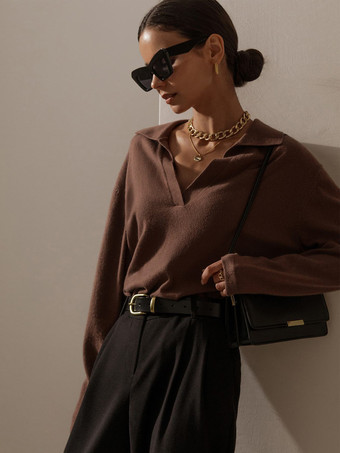 ディープブラウンポロカラーニットセーター Vネック 長袖トップス レディース 2025