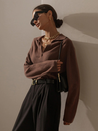 ポロカラーニットセーター Vネック 長袖トップス レディース 2025