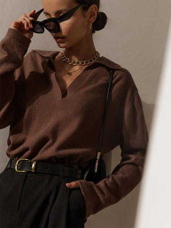 ポロカラーニットセーター Vネック 長袖トップス レディース 2025