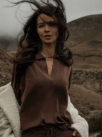 ポロカラーニットセーター Vネック 長袖トップス レディース 2025