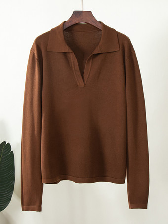 ポロカラーニットセーター Vネック 長袖トップス レディース 2025