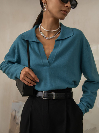 ポロカラーニットセーター Vネック 長袖トップス レディース 2025