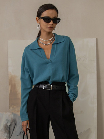 ブルー ポロカラーニットセーター Vネック 長袖トップス レディース 2025