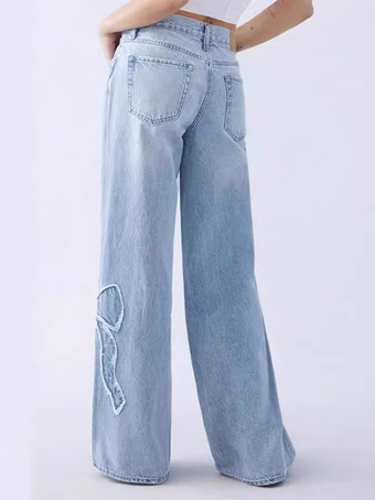 リボン刺繍ジーンズ ハイストリートスタイル ワイドレッグデニムパンツ レディース 2025