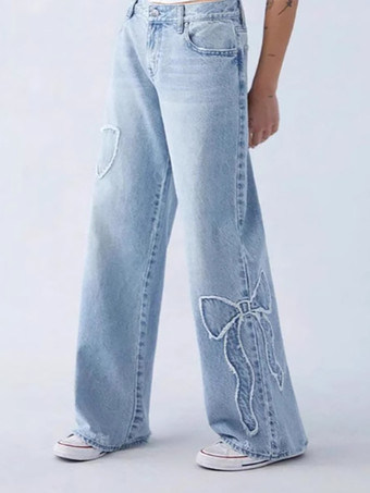 リボン刺繍ジーンズ ハイストリートスタイル ワイドレッグデニムパンツ レディース 2025
