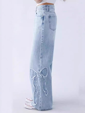 リボン刺繍ジーンズ ハイストリートスタイル ワイドレッグデニムパンツ レディース 2025