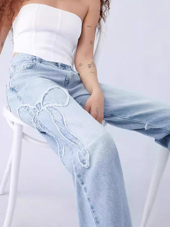 リボン刺繍ジーンズ ハイストリートスタイル ワイドレッグデニムパンツ レディース 2025