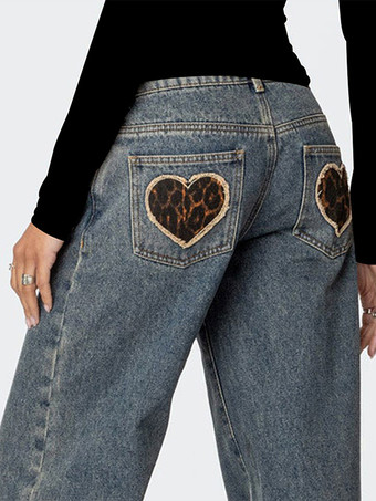 ヒョウ柄ハートバギージーンズ Y2K ローライズ ワイドレッグ デニムパンツ レディース 2026
