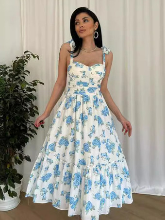 ブルー フローラルサンドレス スウィートハートカラー Aライン サマーミディドレス レディース 2025