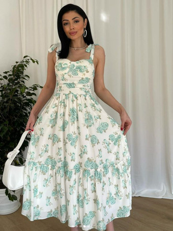 グリーン フローラルサンドレス スウィートハートカラー Aライン サマーミディドレス レディース 2025