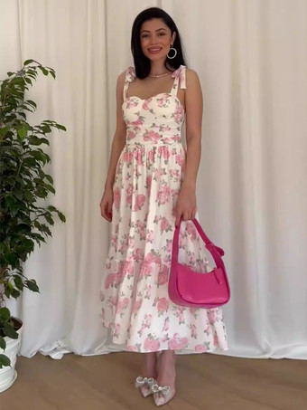 フローラルサンドレス スウィートハートカラー Aライン サマーミディドレス レディース 2025