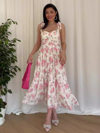 ピンクフローラルサンドレス スウィートハートカラー Aライン サマーミディドレス レディース 2025