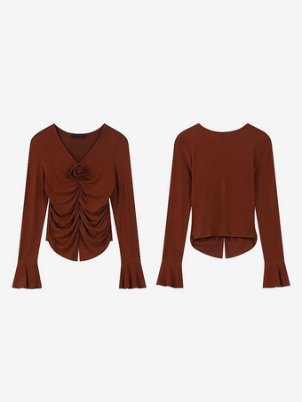 プリーツ V ネック ブラウス 花柄 長袖 カジュアル シャツ レディース 2025