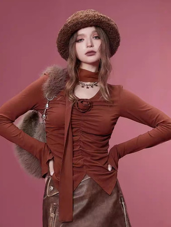 ワインレッド プリーツ V ネック ブラウス 花柄 長袖 カジュアル シャツ レディース 2025