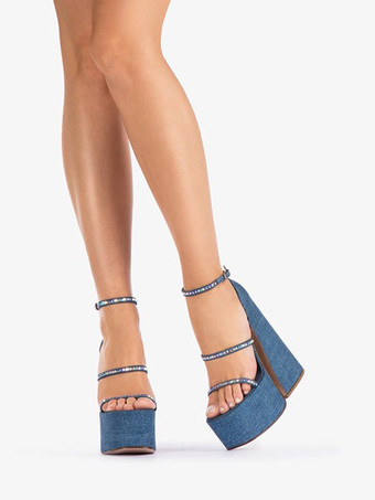 デニムハイヒールサンダル プラットフォーム ラインストーン ストラップ チャンキーヒール パーティーシューズ