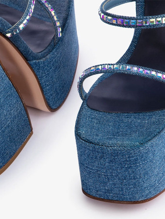 デニムハイヒールサンダル プラットフォーム ラインストーン ストラップ チャンキーヒール パーティーシューズ