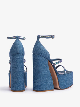 デニムハイヒールサンダル プラットフォーム ラインストーン ストラップ チャンキーヒール パーティーシューズ