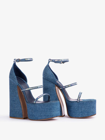 デニムハイヒールサンダル プラットフォーム ラインストーン ストラップ チャンキーヒール パーティーシューズ