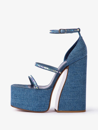 ライトスカイブルーデニムハイヒールサンダル プラットフォーム ラインストーン ストラップ チャンキーヒール パーティーシューズ