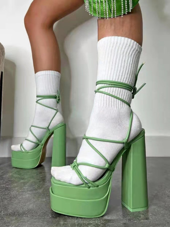 グリーン ハイヒールサンダル プラットフォーム オープントゥ ゼブラ柄 レースアップサンダル レディース