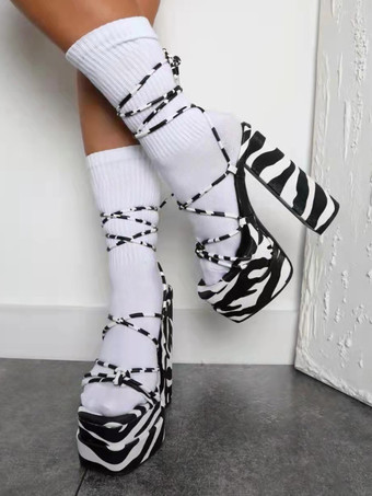 ホワイト ハイヒールサンダル プラットフォーム オープントゥ ゼブラ柄 レースアップサンダル レディース