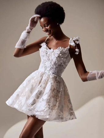 ホワイトブライダルミニドレス ショートウェディングドレス スウィートハートネック ノースリーブ ショートショートブライダルガウン