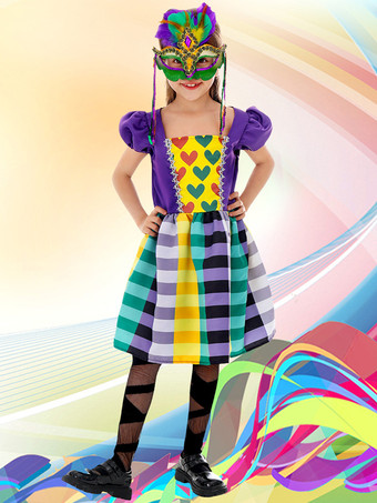 パープル 子供用マルディグラコスチュームドレスとマスクセット